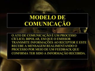 MODELO DE COMUNICAÇÃO O ATO DE COMU N ICAÇÃO É UM PROCESSO CÍCLICO, BIPOLAR, EM QUE O EMISSOR TRANSMITE INFORMAÇÕES AO RECEPTOR E ESTE RECEBE A MENSAGEM REALIMENTANDO O PROCESSO POR MEIO DE UM FEEDBACK QUE CONFIRMA TER SIDO A INFORMAÇÃO RECEBIDA.   