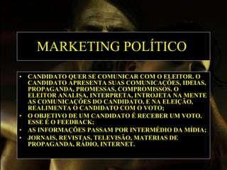 MARKETING POLÍTICO   CANDIDATO QUER SE COMUNICAR COM O ELEITOR. O CANDIDATO APRESENTA SUAS COMUNICAÇÕES, IDEIAS, PROPAGANDA, PROMESSAS, COMPROMISSOS. O ELEITOR ANALISA, INTERPRETA, INTROJETA NA MENTE AS COMUNICAÇÕES DO CANDIDATO, E NA ELEIÇÃO, REALIMENTA O CANDIDATO COM O VOTO; O OBJETIVO DE UM CANDIDATO É RECEBER UM VOTO. ESSE É O FEEDBACK; AS INFORMAÇÕES PASSAM POR INTERMÉDIO DA MÍDIA;  JORNAIS, REVISTAS, TELEVISÃO, MATERIAS DE PROPAGANDA, RÁDIO, INTERNET.   