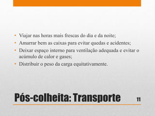 Pós-colheita: Transporte
• Viajar nas horas mais frescas do dia e da noite;
• Amarrar bem as caixas para evitar quedas e acidentes;
• Deixar espaço interno para ventilação adequada e evitar o
acúmulo de calor e gases;
• Distribuir o peso da carga equitativamente.
11
 