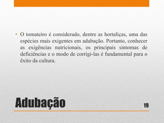 Adubação
• O tomateiro é considerado, dentre as hortaliças, uma das
espécies mais exigentes em adubação. Portanto, conhecer
as exigências nutricionais, os principais sintomas de
deficiências e o modo de corrigi-las é fundamental para o
êxito da cultura.
19
 
