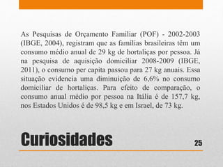 Curiosidades
As Pesquisas de Orçamento Familiar (POF) - 2002-2003
(IBGE, 2004), registram que as famílias brasileiras têm um
consumo médio anual de 29 kg de hortaliças por pessoa. Já
na pesquisa de aquisição domiciliar 2008-2009 (IBGE,
2011), o consumo per capita passou para 27 kg anuais. Essa
situação evidencia uma diminuição de 6,6% no consumo
domiciliar de hortaliças. Para efeito de comparação, o
consumo anual médio por pessoa na Itália é de 157,7 kg,
nos Estados Unidos é de 98,5 kg e em Israel, de 73 kg.
25
 