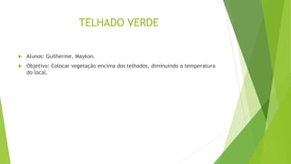 TELHADO VERDE
 Alunos: Guilherme, Maykon.
 Objetivo: Colocar vegetação encima dos telhados, diminuindo a temperatura
do local.
 