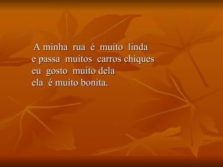 A minha  rua  é  muito  linda    e passa  muitos  carros chiques   eu  gosto  muito dela    ela  é muito bonita. 