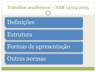 Trabalhos acadêmicos – NBR 14724:2005 