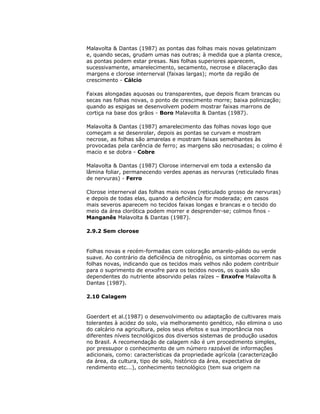 Malavolta & Dantas (1987) as pontas das folhas mais novas gelatinizam
e, quando secas, grudam umas nas outras; à medida que a planta cresce,
as pontas podem estar presas. Nas folhas superiores aparecem,
sucessivamente, amarelecimento, secamento, necrose e dilaceração das
margens e clorose internerval (faixas largas); morte da região de
crescimento - Cálcio
Faixas alongadas aquosas ou transparentes, que depois ficam brancas ou
secas nas folhas novas, o ponto de crescimento morre; baixa polinização;
quando as espigas se desenvolvem podem mostrar faixas marrons de
cortiça na base dos grãos - Boro Malavolta & Dantas (1987).
Malavolta & Dantas (1987) amarelecimento das folhas novas logo que
começam a se desenrolar, depois as pontas se curvam e mostram
necrose, as folhas são amarelas e mostram faixas semelhantes às
provocadas pela carência de ferro; as margens são necrosadas; o colmo é
macio e se dobra - Cobre
Malavolta & Dantas (1987) Clorose internerval em toda a extensão da
lâmina foliar, permanecendo verdes apenas as nervuras (reticulado finas
de nervuras) - Ferro
Clorose internerval das folhas mais novas (reticulado grosso de nervuras)
e depois de todas elas, quando a deficiência for moderada; em casos
mais severos aparecem no tecidos faixas longas e brancas e o tecido do
meio da área clorótica podem morrer e desprender-se; colmos finos Manganês Malavolta & Dantas (1987).
2.9.2 Sem clorose

Folhas novas e recém-formadas com coloração amarelo-pálido ou verde
suave. Ao contrário da deficiência de nitrogênio, os sintomas ocorrem nas
folhas novas, indicando que os tecidos mais velhos não podem contribuir
para o suprimento de enxofre para os tecidos novos, os quais são
dependentes do nutriente absorvido pelas raízes – Enxofre Malavolta &
Dantas (1987).
2.10 Calagem

Goerdert et al.(1987) o desenvolvimento ou adaptação de cultivares mais
tolerantes à acidez do solo, via melhoramento genético, não elimina o uso
do calcário na agricultura, pelos seus efeitos e sua importância nos
diferentes níveis tecnológicos dos diversos sistemas de produção usados
no Brasil. A recomendação de calagem não é um procedimento simples,
por pressupor o conhecimento de um número razoável de informações
adicionais, como: características da propriedade agrícola (caracterização
da área, da cultura, tipo de solo, histórico da área, expectativa de
rendimento etc...), conhecimento tecnológico (tem sua origem na

 