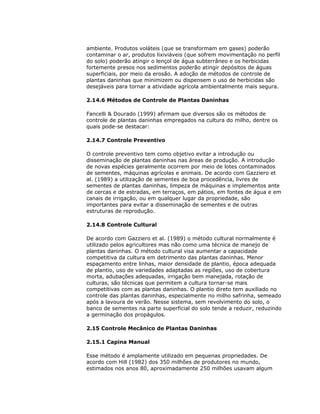 ambiente. Produtos voláteis (que se transformam em gases) poderão
contaminar o ar, produtos lixiviáveis (que sofrem movimentação no perfil
do solo) poderão atingir o lençol de água subterrâneo e os herbicidas
fortemente presos nos sedimentos poderão atingir depósitos de águas
superficiais, por meio da erosão. A adoção de métodos de controle de
plantas daninhas que minimizem ou dispensem o uso de herbicidas são
desejáveis para tornar a atividade agrícola ambientalmente mais segura.
2.14.6 Métodos de Controle de Plantas Daninhas
Fancelli & Dourado (1999) afirmam que diversos são os métodos de
controle de plantas daninhas empregados na cultura do milho, dentre os
quais pode-se destacar:
2.14.7 Controle Preventivo
O controle preventivo tem como objetivo evitar a introdução ou
disseminação de plantas daninhas nas áreas de produção. A introdução
de novas espécies geralmente ocorrem por meio de lotes contaminados
de sementes, máquinas agrícolas e animais. De acordo com Gazziero et
al. (1989) a utilização de sementes de boa procedência, livres de
sementes de plantas daninhas, limpeza de máquinas e implementos ante
de cercas e de estradas, em terraços, em pátios, em fontes de água e em
canais de irrigação, ou em qualquer lugar da propriedade, são
importantes para evitar a disseminação de sementes e de outras
estruturas de reprodução.
2.14.8 Controle Cultural
De acordo com Gazziero et al. (1989) o método cultural normalmente é
utilizado pelos agricultores mas não como uma técnica de manejo de
plantas daninhas. O método cultural visa aumentar a capacidade
competitiva da cultura em detrimento das plantas daninhas. Menor
espaçamento entre linhas, maior densidade de plantio, época adequada
de plantio, uso de variedades adaptadas as regiões, uso de cobertura
morta, adubações adequadas, irrigação bem manejada, rotação de
culturas, são técnicas que permitem a cultura tornar-se mais
competitivas com as plantas daninhas. O plantio direto tem auxiliado no
controle das plantas daninhas, especialmente no milho safrinha, semeado
após a lavoura de verão. Nesse sistema, sem revolvimento do solo, o
banco de sementes na parte superficial do solo tende a reduzir, reduzindo
a germinação dos propágulos.
2.15 Controle Mecânico de Plantas Daninhas
2.15.1 Capina Manual
Esse método é amplamente utilizado em pequenas propriedades. De
acordo com Hill (1982) dos 350 milhões de produtores no mundo,
estimados nos anos 80, aproximadamente 250 milhões usavam algum

 