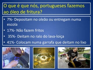 O que é que nós, portugueses fazemos
ao óleo de fritura?
• 7%- Depositam no oleão ou entregam numa
escola
• 17%- Não fazem fritos
• 35%- Deitam no ralo do lava-loiça
• 41%- Colocam numa garrafa que deitam no lixo
 