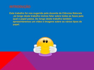 INTRODUÇÃO
Este trabalho foi nos sugerido pela docente de Ciências Naturais
,ao longo deste trabalho iremos falar sobre todas as fases pelo
qual o papel passa. Ao longo deste trabalho também
apresentaremos um vídeo e imagens sobre os vários tipos de
papel.
 