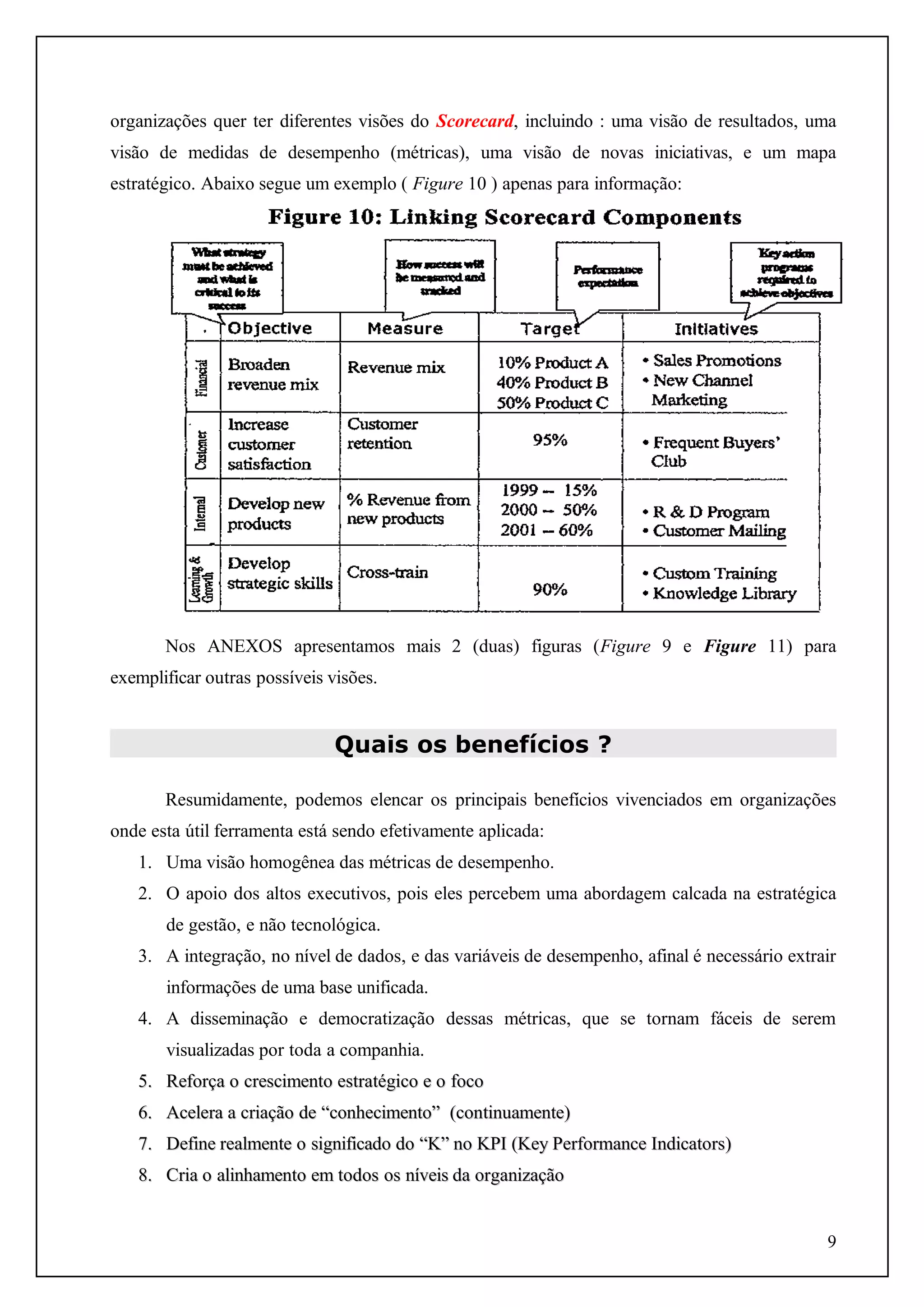 organizações quer ter diferentes visões do Scorecard, incluindo : uma visão de resultados, uma
visão de medidas de desempenho (métricas), uma visão de novas iniciativas, e um mapa
estratégico. Abaixo segue um exemplo ( Figure 10 ) apenas para informação:

Nos ANEXOS apresentamos mais 2 (duas) figuras (Figure 9 e Figure 11) para
exemplificar outras possíveis visões.

Quais os benefícios ?
Resumidamente, podemos elencar os principais benefícios vivenciados em organizações
onde esta útil ferramenta está sendo efetivamente aplicada:
1. Uma visão homogênea das métricas de desempenho.
2. O apoio dos altos executivos, pois eles percebem uma abordagem calcada na estratégica
de gestão, e não tecnológica.
3. A integração, no nível de dados, e das variáveis de desempenho, afinal é necessário extrair
informações de uma base unificada.
4. A disseminação e democratização dessas métricas, que se tornam fáceis de serem
visualizadas por toda a companhia.
5. Reforça o crescimento estratégico e o foco
6. Acelera a criação de “conhecimento” (continuamente)
7. Define realmente o significado do “K” no KPI (Key Performance Indicators)
8. Cria o alinhamento em todos os níveis da organização
9

 