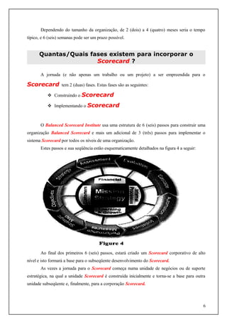 Dependendo do tamanho da organização, de 2 (dois) a 4 (quatro) meses seria o tempo
típico, e 6 (seis) semanas pode ser um prazo possível.

Quantas/Quais fases existem para incorporar o
Scorecard ?
A jornada (e não apenas um trabalho ou um projeto) a ser empreendida para o

Scorecard

tem 2 (duas) fases. Estas fases são as seguintes:

 Construindo o Scorecard
 Implementando o Scorecard

O Balanced Scorecard Institute usa uma estrutura de 6 (seis) passos para construir uma
organização Balanced Scorecard e mais um adicional de 3 (três) passos para implementar o
sistema Scorecard por todos os níveis de uma organização.
Estes passos e sua seqüência estão esquematicamente detalhados na figura 4 a seguir:

Ao final dos primeiros 6 (seis) passos, estará criado um Scorecard corporativo de alto
nível e isto formará a base para o subseqüente desenvolvimento do Scorecard.
As vezes a jornada para o Scorecard começa numa unidade de negócios ou de suporte
estratégica, na qual a unidade Scorecard é construída inicialmente e torna-se a base para outra
unidade subseqüente e, finalmente, para a corporação Scorecard.

6

 