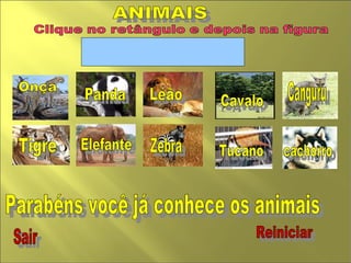 ANIMAIS  Zebra Leão Cavalo  cachorro  Panda Tucano  Elefante  Canguru  Onça Tigre  Parabéns você já conhece os animais Sair  Reiniciar  