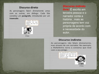 Discurso indireto
livre: É escrito em
terceira pessoa e o
narrador conta a
história , mais as
personagens tem voz
própria de acordo com
a necessidade do
autor.
 