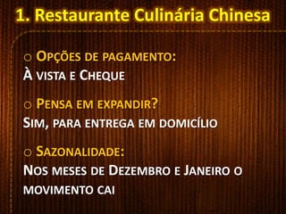 o OPÇÕES DE PAGAMENTO:
À VISTA E CHEQUE
o PENSA EM EXPANDIR?
SIM, PARA ENTREGA EM DOMICÍLIO
o SAZONALIDADE:
NOS MESES DE DEZEMBRO E JANEIRO O
MOVIMENTO CAI
1. Restaurante Culinária Chinesa
 