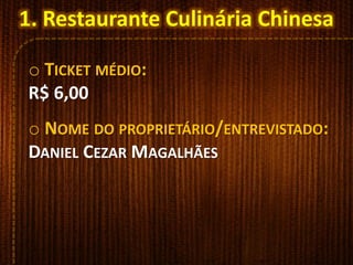 o TICKET MÉDIO:
R$ 6,00
o NOME DO PROPRIETÁRIO/ENTREVISTADO:
DANIEL CEZAR MAGALHÃES
1. Restaurante Culinária Chinesa
 