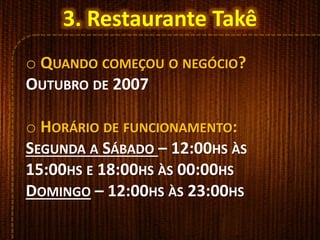 3. Restaurante Takê
o QUANDO COMEÇOU O NEGÓCIO?
OUTUBRO DE 2007
o HORÁRIO DE FUNCIONAMENTO:
SEGUNDA A SÁBADO – 12:00HS ÀS
15:00HS E 18:00HS ÀS 00:00HS
DOMINGO – 12:00HS ÀS 23:00HS
 