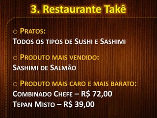 o PRATOS:
TODOS OS TIPOS DE SUSHI E SASHIMI
o PRODUTO MAIS VENDIDO:
SASHIMI DE SALMÃO
o PRODUTO MAIS CARO E MAIS BARATO:
COMBINADO CHEFE – R$ 72,00
TEPAN MISTO – R$ 39,00
3. Restaurante Takê
 
