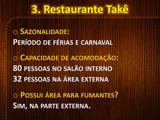 o SAZONALIDADE:
PERÍODO DE FÉRIAS E CARNAVAL
o CAPACIDADE DE ACOMODAÇÃO:
80 PESSOAS NO SALÃO INTERNO
32 PESSOAS NA ÁREA EXTERNA
o POSSUI ÁREA PARA FUMANTES?
SIM, NA PARTE EXTERNA.
3. Restaurante Takê
 