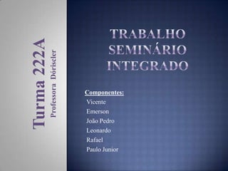 Professora Dóriscler

Turma 222A

Componentes:
•Vicente
•Emerson
•João Pedro
•Leonardo
•Rafael
•Paulo Junior

 