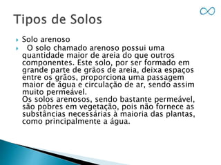  Solo arenoso
 O solo chamado arenoso possui uma
quantidade maior de areia do que outros
componentes. Este solo, por ser formado em
grande parte de grãos de areia, deixa espaços
entre os grãos, proporciona uma passagem
maior de água e circulação de ar, sendo assim
muito permeável.
Os solos arenosos, sendo bastante permeável,
são pobres em vegetação, pois não fornece as
substâncias necessárias à maioria das plantas,
como principalmente a água.
 