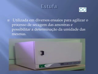  Utilizada em diversos ensaios para agilizar o
processo de secagem das amostras e
possibilitar a determinação da umidade das
mesmas.
 