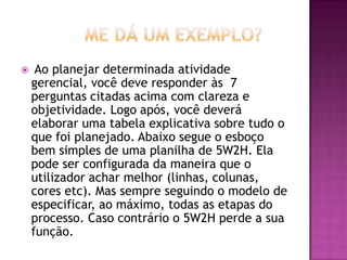  Ao planejar determinada atividade
gerencial, você deve responder às 7
perguntas citadas acima com clareza e
objetividade. Logo após, você deverá
elaborar uma tabela explicativa sobre tudo o
que foi planejado. Abaixo segue o esboço
bem simples de uma planilha de 5W2H. Ela
pode ser configurada da maneira que o
utilizador achar melhor (linhas, colunas,
cores etc). Mas sempre seguindo o modelo de
especificar, ao máximo, todas as etapas do
processo. Caso contrário o 5W2H perde a sua
função.
 