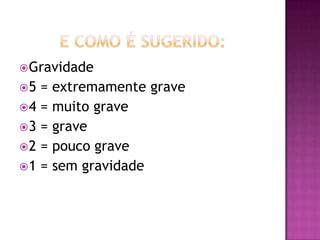 Gravidade
5 = extremamente grave
4 = muito grave
3 = grave
2 = pouco grave
1 = sem gravidade
 