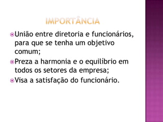 União entre diretoria e funcionários,
para que se tenha um objetivo
comum;
Preza a harmonia e o equilíbrio em
todos os setores da empresa;
Visa a satisfação do funcionário.
 