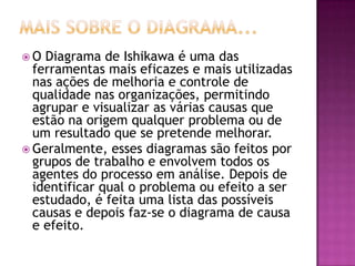  O Diagrama de Ishikawa é uma das
ferramentas mais eficazes e mais utilizadas
nas ações de melhoria e controle de
qualidade nas organizações, permitindo
agrupar e visualizar as várias causas que
estão na origem qualquer problema ou de
um resultado que se pretende melhorar.
 Geralmente, esses diagramas são feitos por
grupos de trabalho e envolvem todos os
agentes do processo em análise. Depois de
identificar qual o problema ou efeito a ser
estudado, é feita uma lista das possíveis
causas e depois faz-se o diagrama de causa
e efeito.
 