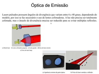Óptica de Emissão 
Lasers pulsados possuem ângulos de divergência que variam entre 6 e 40 graus, dependendo do 
modelo, por isso se faz necessário o uso de lentes colimadoras. A luz não precisa ser totalmente 
colimada, mas o ângulo de divergência precisa ser reduzido para se evitar múltiplas reflexões. 
 