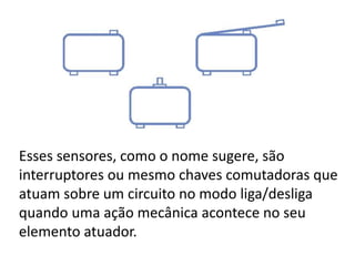 Esses sensores, como o nome sugere, são 
interruptores ou mesmo chaves comutadoras que 
atuam sobre um circuito no modo liga/desliga 
quando uma ação mecânica acontece no seu 
elemento atuador. 
 