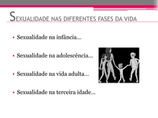 SEXUALIDADE NAS DIFERENTES FASES DA VIDA
• Sexualidade na infância…


• Sexualidade na adolescência…


• Sexualidade na vida adulta…


• Sexualidade na terceira idade…
 