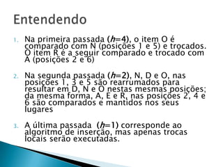 Na primeira passada (h=4), o item O é comparado com N (posições 1 e 5) e trocados. O item R é a seguir comparado e trocado com A (posições 2 e 6)Na segunda passada (h=2), N, D e O, nas posições 1, 3 e 5 são rearrumados para resultar em D, N e O nestas mesmas posições; da mesma forma, A, E e R, nas posições 2, 4 e 6 são comparados e mantidos nos seus lugaresA última passada  (h=1) corresponde ao algoritmo de inserção, mas apenas trocas locais serão executadas.Entendendo