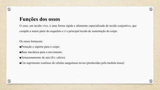 Funções dos ossos
O osso, um tecido vivo, é uma forma rígida e altamente especializada de tecido conjuntivo, que
compõe a maior parte do esqueleto e é o principal tecido de sustentação do corpo.
Os ossos fornecem:
■Proteção e suporte para o corpo.
■Base mecânica para o movimento.
■Armazenamento de sais (Ex: cálcio).
■Um suprimento contínuo de células sanguíneas novas (produzidas pela medula óssea)
 