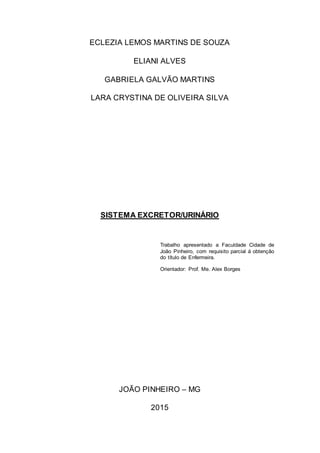 ECLEZIA LEMOS MARTINS DE SOUZA
ELIANI ALVES
GABRIELA GALVÃO MARTINS
LARA CRYSTINA DE OLIVEIRA SILVA
SISTEMA EXCRETOR/URINÁRIO
Trabalho apresentado a Faculdade Cidade de
João Pinheiro, com requisito parcial á obtenção
do título de Enfermeira.
Orientador: Prof. Me. Alex Borges
JOÃO PINHEIRO – MG
2015
 