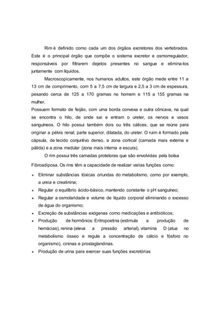 Rim é definido como cada um dos órgãos excretores dos vertebrados.
Este é o principal órgão que compõe o sistema excretor e osmorregulador,
responsáveis por filtrarem dejetos presentes no sangue e elimina-los
juntamente com líquidos.
Macroscopicamente, nos humanos adultos, este órgão mede entre 11 a
13 cm de comprimento, com 5 a 7,5 cm de largura e 2,5 a 3 cm de espessura,
pesando cerca de 125 a 170 gramas no homem e 115 a 155 gramas na
mulher.
Possuem formato de feijão, com uma borda convexa e outra côncava, na qual
se encontra o hilo, de onde sai e entram o ureter, os nervos e vasos
sanguíneos. O hilo possui também dois ou três cálices, que se reúne para
originar a pélvis renal, parte superior, dilatada, do ureter. O ruim é formado pela
cápsula, de tecido conjuntivo denso, a zona cortical (camada mais externa e
pálida) e a zona medular (zona mais interna e escura).
O rim possui três camadas protetoras que são envolvidas pela bolsa
Fibroadiposa. Os rins têm a capacidade de realizar varias funções como:
 Eliminar substâncias tóxicas oriundas do metabolismo, como por exemplo,
a ureia e creatinina;
 Regular o equilíbrio ácido-básico, mantendo constante o pH sanguíneo;
 Regular a osmolaridade e volume de líquido corporal eliminando o excesso
de água do organismo;
 Excreção de substâncias exógenas como medicações e antibióticos;
 Produção de hormônios: Eritropoetina (estimula a produção de
hemácias), renina (eleva a pressão arterial), vitamina D (atua no
metabolismo ósseo e regula a concentração de cálcio e fósforo no
organismo), cininas e prostaglandinas.
 Produção de urina para exercer suas funções excretórias
 