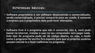 Diferenças básicas:
▪ Software proprietário é um software desenvolvido e comercializado,
sendo comercializado, é preciso comprá-lo para ser usado. E somente
a empresa que é proprietária dele pode fazer alterações.
▪ Software livre é o programa que não é comercial, isto é, você pode
baixar na internet, instalar e usar no seu computador sem pagar nada.
Este tipo de programa pode ser de código aberto, ou seja, o modo
como o programa foi escrito fica exposto para que os próprios usuários
possam estudá-lo e fazer melhorias no programa.
 