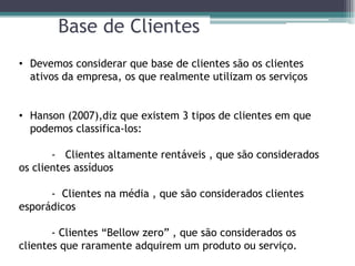 Base de Clientes
• Devemos considerar que base de clientes são os clientes
  ativos da empresa, os que realmente utilizam os serviços


• Hanson (2007),diz que existem 3 tipos de clientes em que
  podemos classifica-los:

       - Clientes altamente rentáveis , que são considerados
os clientes assíduos

      - Clientes na média , que são considerados clientes
esporádicos

       - Clientes “Bellow zero” , que são considerados os
clientes que raramente adquirem um produto ou serviço.
 
