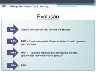 ERP – Enterprise Resource Planning


                            Evolução

      50’s    Gestão de Materiais pelo controle de Estoque



       70’s   MRP - Quantos materiais são necessários de cada tipo e em
              que momento.


       80’s   MRP II – Quantos materiais são necessários de cada
              tipo, em que momento e como produzir.



       90’s   ERP
 
