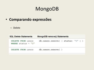 MongoDB
• Comparando expressões
– Delete
 