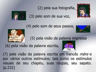 (2) pela sua fotografia,
(3) pelo som de sua voz,
(4) pelo som de seus passos,
(5) pela visão da palavra impressa,
(6) pela visão da palavra escrita,
(7) pela visão da palavra escrita em francês mère e
por vários outros estímulos; tais como os estímulos
visuais de seu chapéu, suas roupas, seu sapato.
(p.232)
 