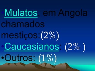 •Mulatos, em Angola
chamados
mestiços:(2%)
•Caucasianos: (2% )
•Outros: (1%)
 