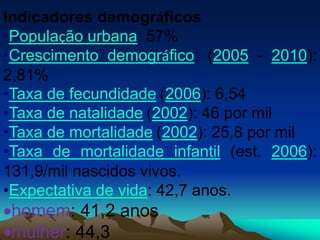 Indicadores demográficos
•População urbana: 57%
•Crescimento demográfico: (2005 - 2010):
2,81%
•Taxa de fecundidade (2006): 6,54
•Taxa de natalidade (2002): 46 por mil
•Taxa de mortalidade (2002): 25,8 por mil
•Taxa de mortalidade infantil (est. 2006):
131,9/mil nascidos vivos.
•Expectativa de vida: 42,7 anos.
homem: 41,2 anos
mulher: 44,3
 