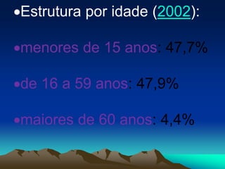 Estrutura por idade (2002):
menores de 15 anos: 47,7%
de 16 a 59 anos: 47,9%
maiores de 60 anos: 4,4%
 