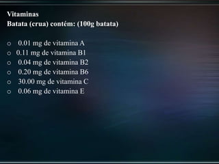Vitaminas
Batata (crua) contém: (100g batata)
o 0.01 mg de vitamina A
o 0.11 mg de vitamina B1
o 0.04 mg de vitamina B2
o 0.20 mg de vitamina B6
o 30.00 mg de vitamina C
o 0.06 mg de vitamina E
 