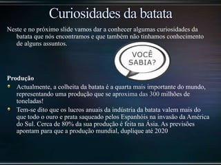 Neste e no próximo slide vamos dar a conhecer algumas curiosidades da
batata que nós encontramos e que também não tinhamos conhecimento
de alguns assuntos.
Produção
Actualmente, a colheita da batata é a quarta mais importante do mundo,
representando uma produção que se aproxima das 300 milhões de
toneladas!
Tem-se dito que os lucros anuais da indústria da batata valem mais do
que todo o ouro e prata saqueado pelos Espanhóis na invasão da América
do Sul. Cerca de 80% da sua produção é feita na Ásia. As previsões
apontam para que a produção mundial, duplique até 2020
 