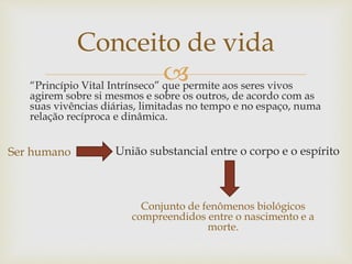 
Conceito de vida
Conjunto de fenômenos biológicos
compreendidos entre o nascimento e a
morte.
“Princípio Vital Intrínseco” que permite aos seres vivos
agirem sobre si mesmos e sobre os outros, de acordo com as
suas vivências diárias, limitadas no tempo e no espaço, numa
relação recíproca e dinâmica.
Ser humano União substancial entre o corpo e o espírito
 