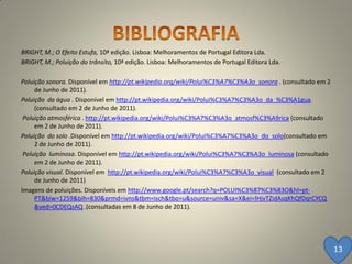 BRIGHT, M.; O Efeito Estufa, 10ª edição. Lisboa: Melhoramentos de Portugal Editora Lda.
BRIGHT, M.; Poluição do trânsito, 10ª edição. Lisboa: Melhoramentos de Portugal Editora Lda.

Poluição sonora. Disponível em http://pt.wikipedia.org/wiki/Polui%C3%A7%C3%A3o_sonora . (consultado em 2
     de Junho de 2011).
Poluição da água . Disponível em http://pt.wikipedia.org/wiki/Polui%C3%A7%C3%A3o_da_%C3%A1gua.
     (consultado em 2 de Junho de 2011).
 Poluição atmosférica . http://pt.wikipedia.org/wiki/Polui%C3%A7%C3%A3o_atmosf%C3%A9rica (consultado
     em 2 de Junho de 2011).
Poluição do solo .Disponível em http://pt.wikipedia.org/wiki/Polui%C3%A7%C3%A3o_do_solo(consultado em
     2 de Junho de 2011).
 Poluição luminosa. Disponível em http://pt.wikipedia.org/wiki/Polui%C3%A7%C3%A3o_luminosa (consultado
     em 2 de Junho de 2011).
Poluição visual. Disponível em http://pt.wikipedia.org/wiki/Polui%C3%A7%C3%A3o_visual (consultado em 2
     de Junho de 2011)
Imagens de poluições. Disponíveis em http://www.google.pt/search?q=POLUI%C3%87%C3%83O&hl=pt-
     PT&biw=1259&bih=830&prmd=ivns&tbm=isch&tbo=u&source=univ&sa=X&ei=lHjvTZidAsqKhQfDqrCYCQ
     &ved=0CDEQsAQ .(consultadas em 8 de Junho de 2011).




                                                                                                           13
 
