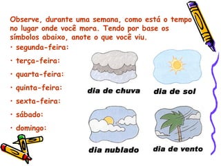Observe, durante uma semana, como está o tempo no lugar onde você mora. Tendo por base os símbolos abaixo, anote o que você viu. segunda-feira: terça-feira: quarta-feira: quinta-feira: sexta-feira: sábado: domingo: 