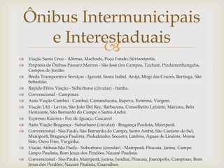 Ônibus Intermunicipais
e Interestaduais















Viação Santa Cruz - Alfenas, Machado, Poço Fundo, Silvianópolis.
Empresa de Ônibus Pássaro Marron - São José dos Campos, Taubaté, Pindamonhangaba,
Campos do Jordão
Breda Transportes e Serviços - Igaratá, Santa Isabel, Arujá, Mogi das Cruzes, Bertioga, São
Sebastião.
Rápido Fênix Viação - Suburbano (circular) - Itatiba.
Convencional - Campinas.
Auto Viação Cambuí - Cambuí, Camanducaia, Itapeva, Extrema, Vargem.
Viação Util - Lavras, São João Del Rey, Barbacena, Conselheiro Lafaiete, Mariana, Belo
Horizonte, São Bernardo do Campo e Santo André.
Expresso Kaiowa - Foz do Iguaçu, Cascavel
Auto Viação Bragança - Suburbano (circular) - Bragança Paulista, Mairiporã.
Convencional - São Paulo, São Bernardo do Campo, Santo André, São Caetano do Sul,
Mairiporã, Bragança Paulista, Pinhalzinho, Socorro, Lindoia, Águas de Lindoia, Monte
Sião, Ouro Fino, Varginha.
Viação Atibaia-São Paulo - Suburbano (circular) - Mairiporã, Piracaia, Jarinu, Campo
Limpo Paulista, Bom Jesus dos Perdões, Nazaré Paulista.
Convencional - São Paulo, Mairiporã, Jarinu, Jundiaí, Piracaia, Joanópolis, Campinas, Bom
Jesus dos Perdões, Nazaré Paulista, Guarulhos.

 