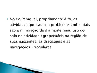 No rio Paraguai, propriamente dito, as atividades que causam problemas ambientais são a mineração de diamante, mau uso do solo na atividade agropecuária na região de suas nascentes, as dragagens e as navegações  irregulares. 